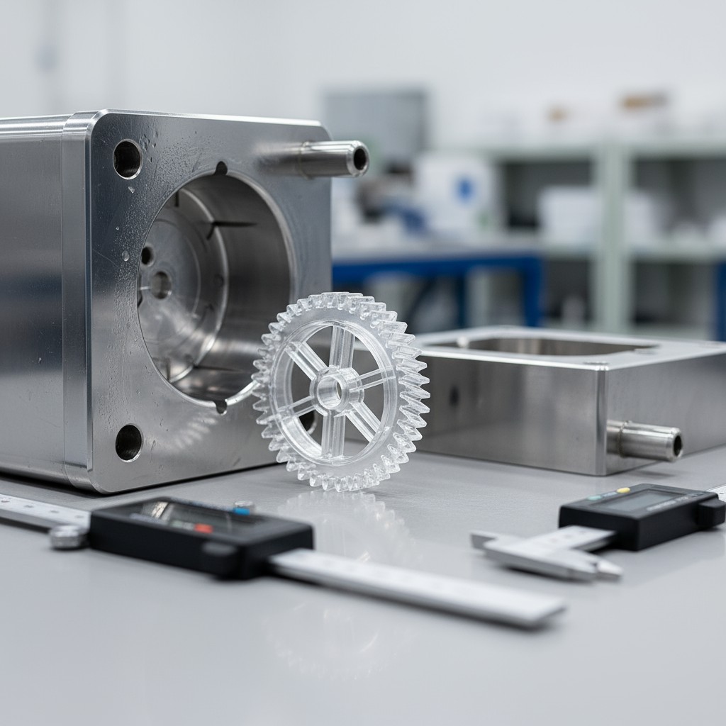 The alt text for this image is "A metal gear and other metal parts on a grey table".