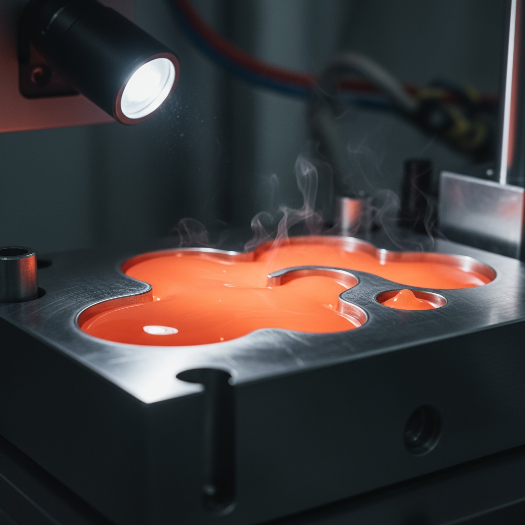 A close-up image of a metal mold with a red liquid inside, heated by a lamp.